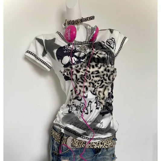 Y2K Punk Tee – Leopard Print Patchwork & Skull Graphic
