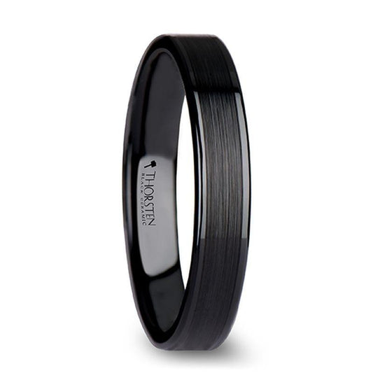 OLIVIA Women’s Flat Black Ceramic Ring with Brushed Center and Polished Edges - 4mm