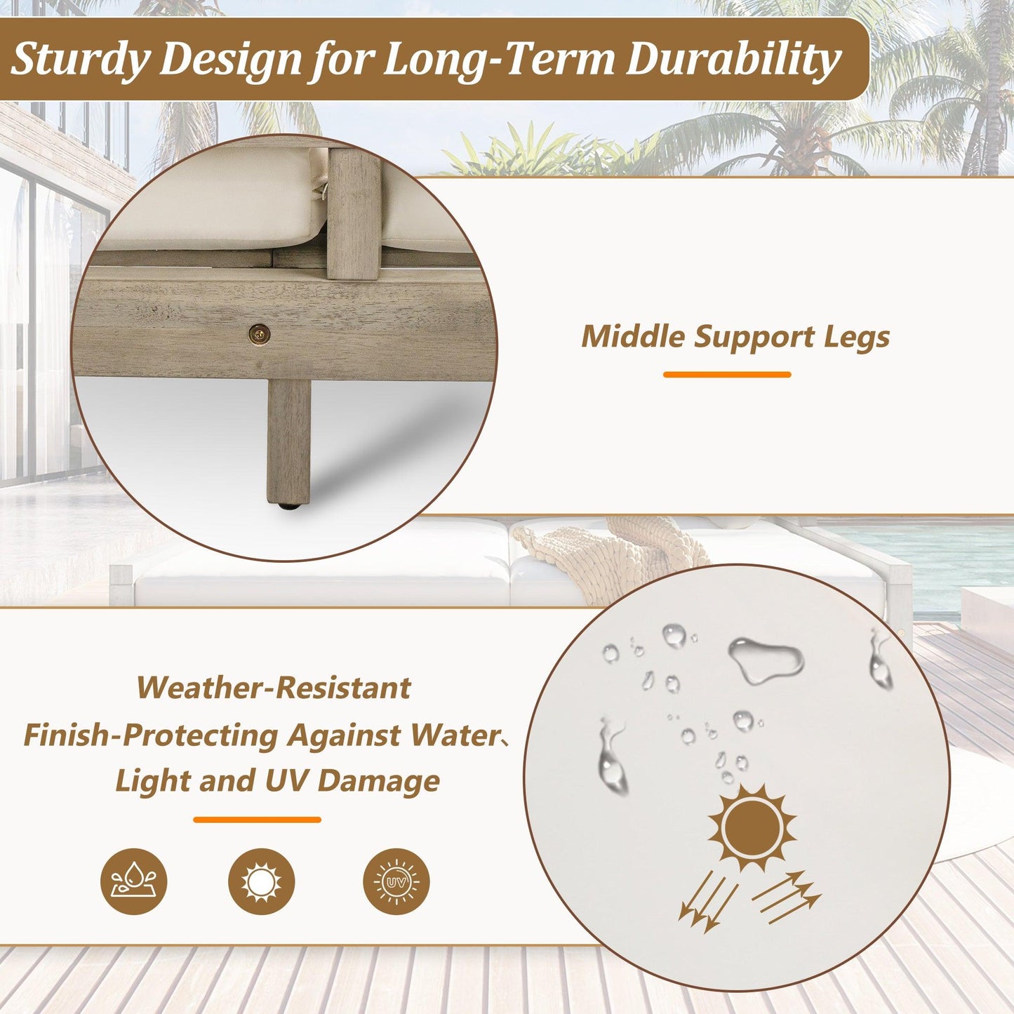 Outdoor Daybed, Patio Daybed with Four Pillows, Wooden Outdoor Bed with Curved Armrests for Poolside, Backyard, Garden
