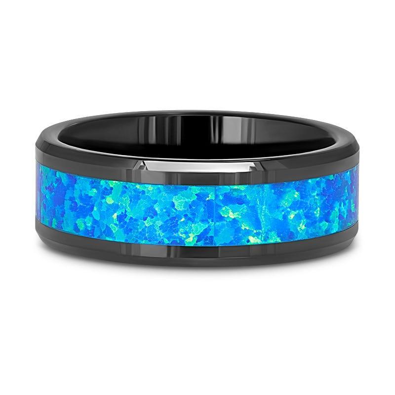 QUANTUM Black Ceramic Ring with Blue Green Opal Inlay - 4mm - 10mm
