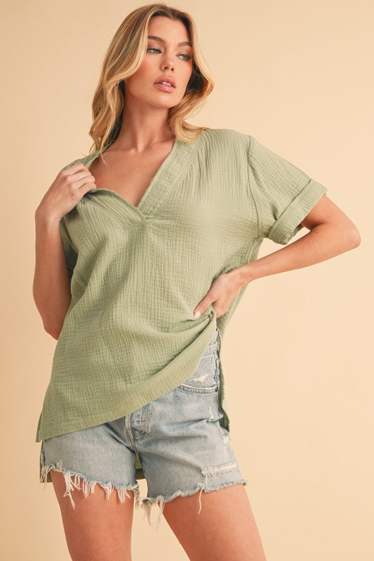 Aemi + Co Side Slit V-Neck Short Sleeve Blouse for Women