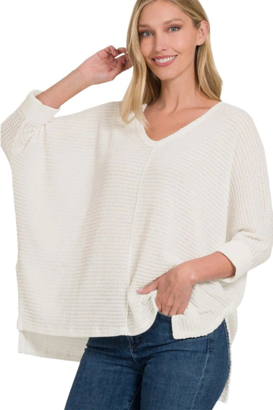 Zenana Full Size Round Neck High-Low Slit Knit Top