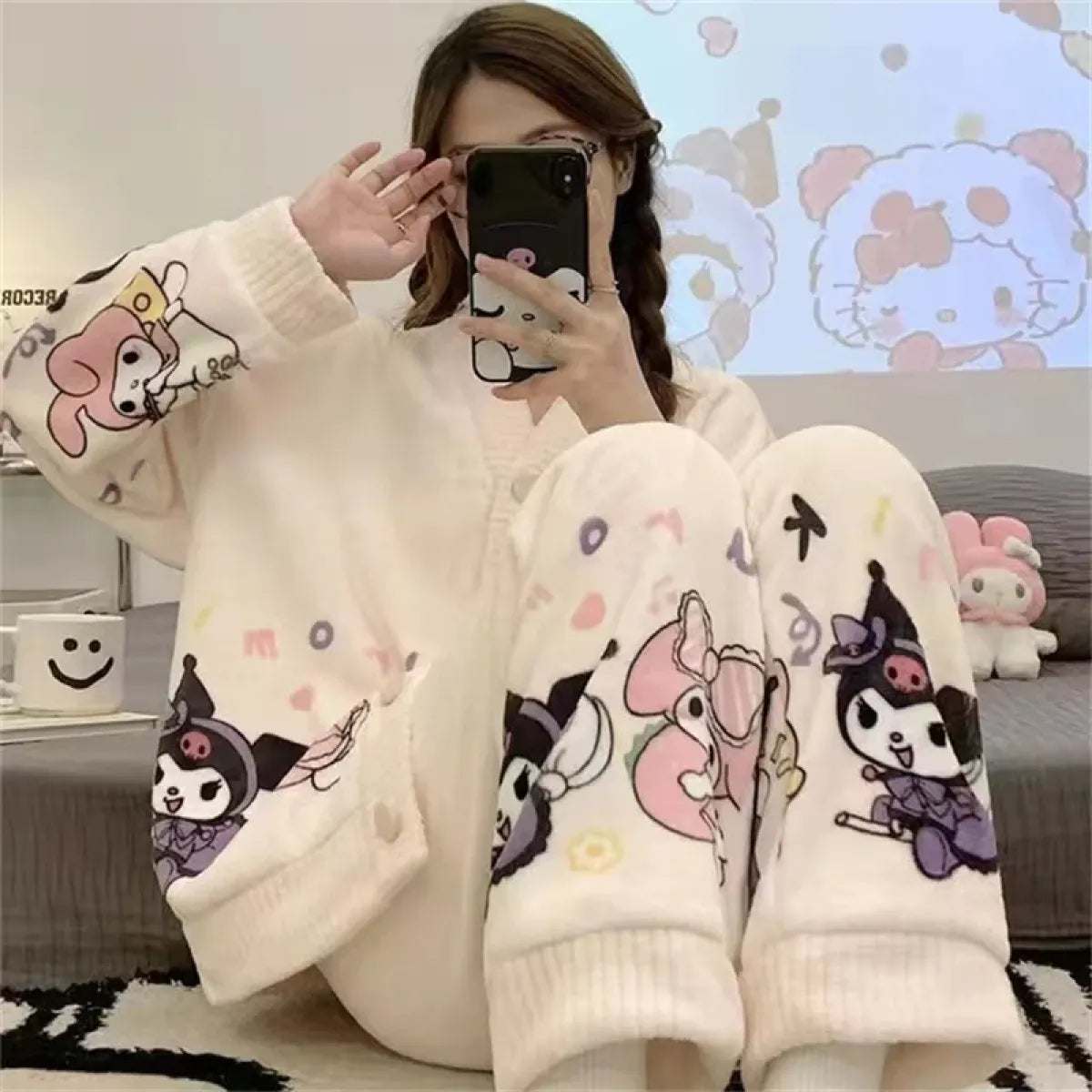 Hello Kitty Kuromi My Melody Cinnamoroll Flannel Pajamas