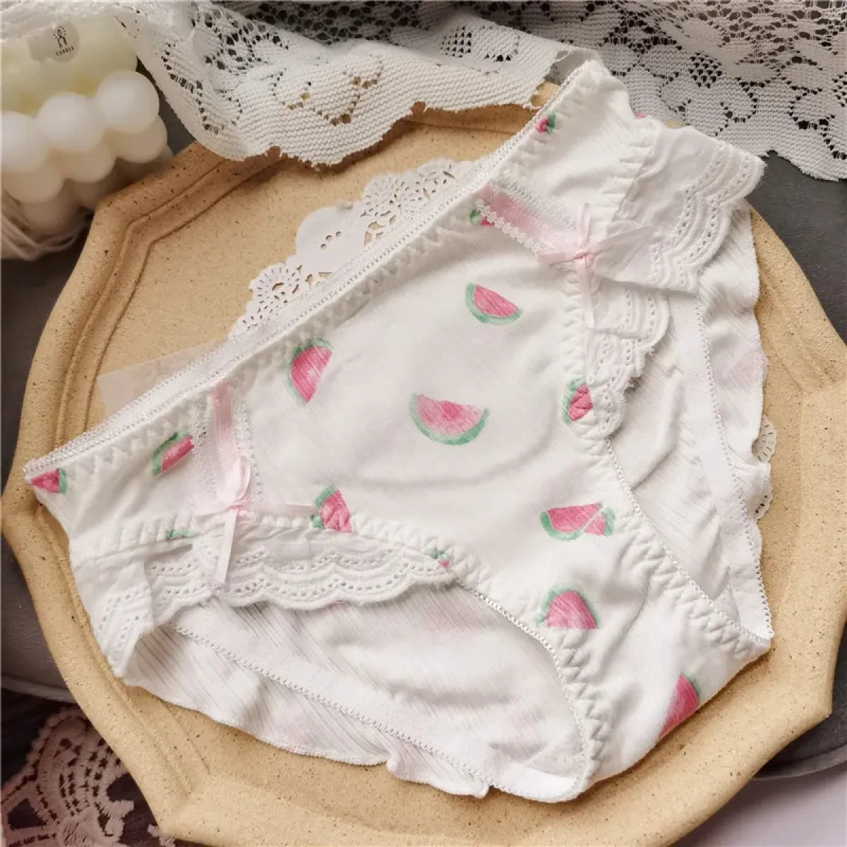 Cotton Lace Low Waist Panties with Fruit Print & Bows – Kawaii Lingerie
