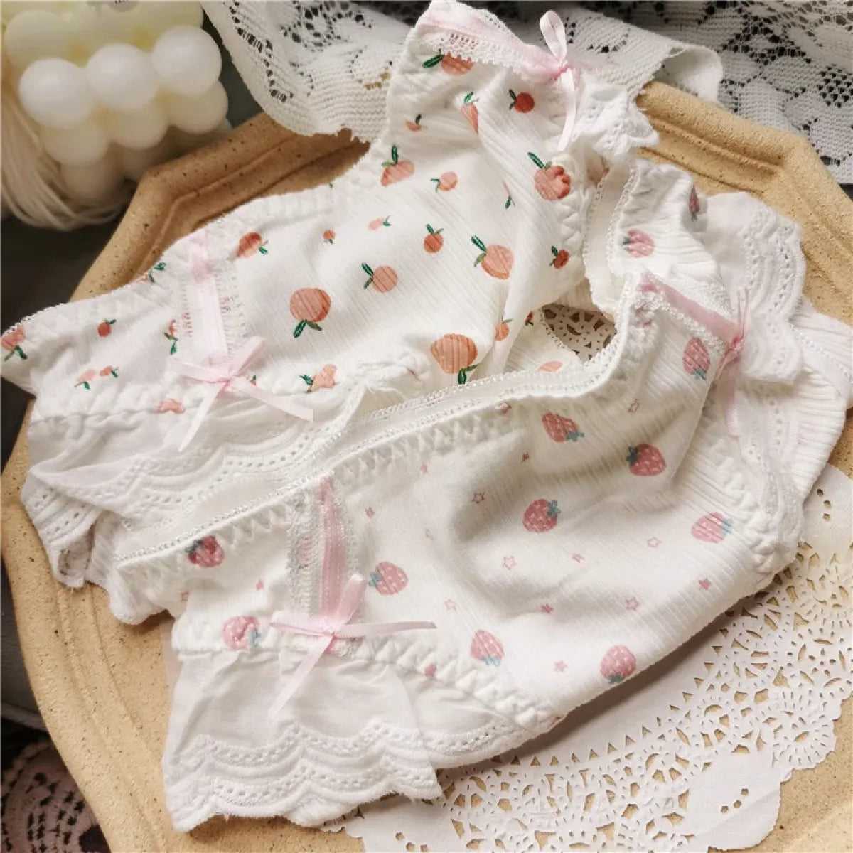 Cotton Lace Low Waist Panties with Fruit Print & Bows – Kawaii Lingerie