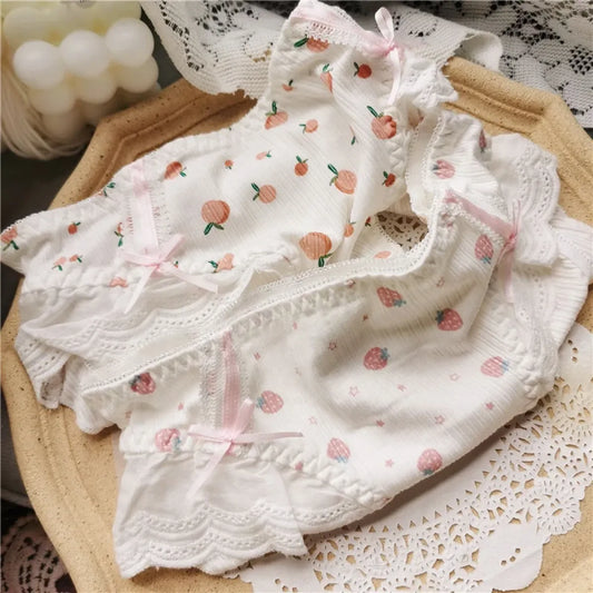Cotton Lace Low Waist Panties with Fruit Print & Bows – Kawaii Lingerie