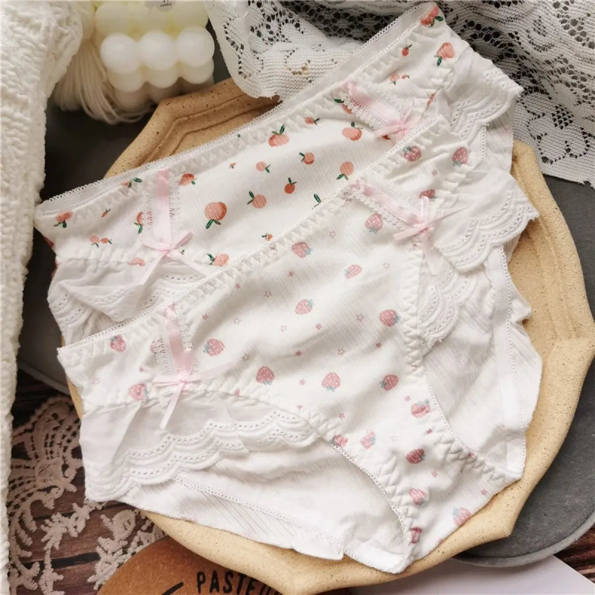 Cotton Lace Low Waist Panties with Fruit Print & Bows – Kawaii Lingerie