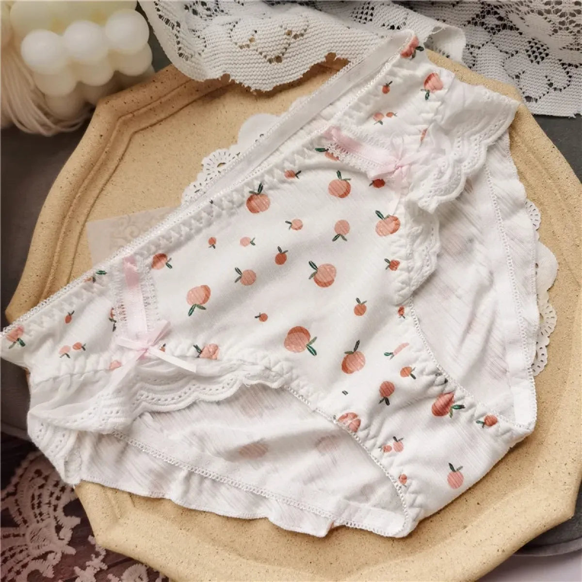 Cotton Lace Low Waist Panties with Fruit Print & Bows – Kawaii Lingerie