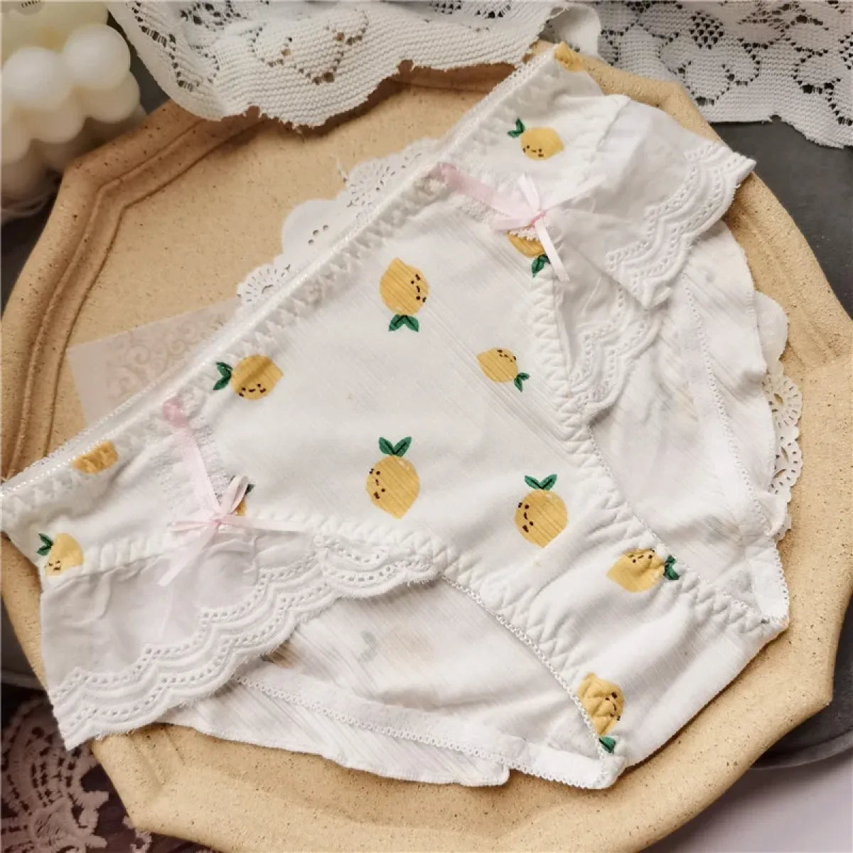Cotton Lace Low Waist Panties with Fruit Print & Bows – Kawaii Lingerie