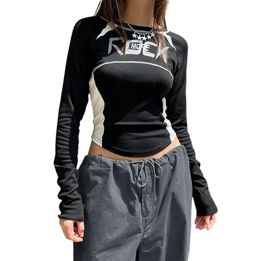 Crew Neck Letter Print Top - Long Sleeve Casual Streetwear T-Shirt