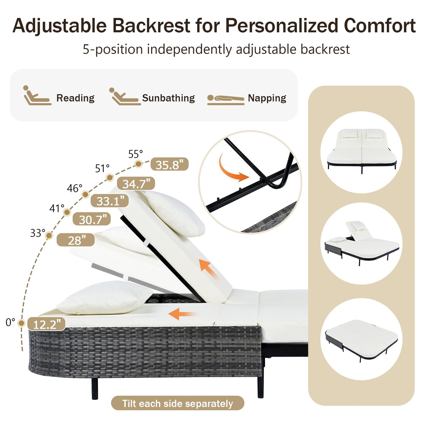 Outdoor Daybed, Patio Rattan Daybed with 5-Position Adjustable Backrest and Removable Cushions & Pillows for Garden, Backyard, Poolside