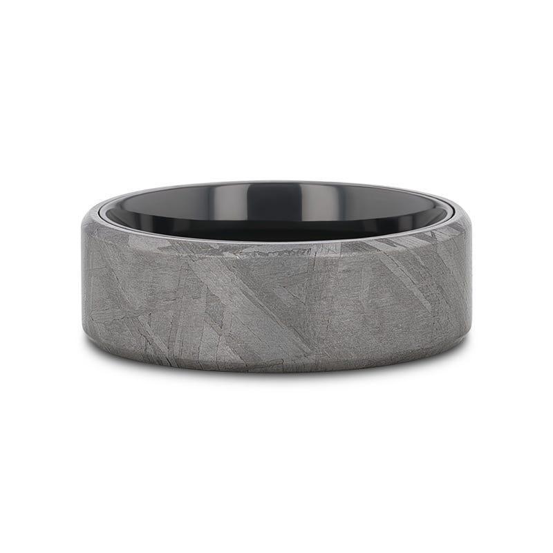 DIEMOS Flat Black Titanium Ring with Meteorite Pattern and Beveled Edges – 8mm