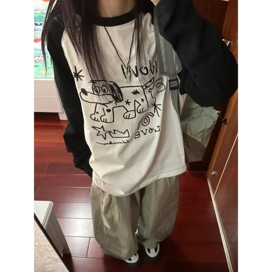 Doodle Delight Layered Tee – Quirky Sketch Art Oversized Tee