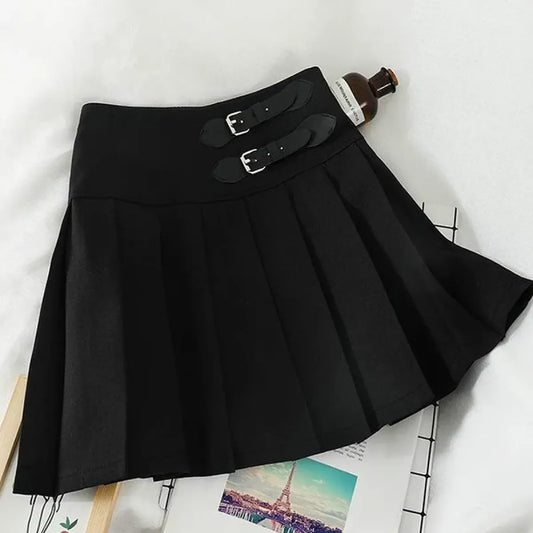 Harajuku Double Belt Pleated Tennis Skirt (Grey/Black)