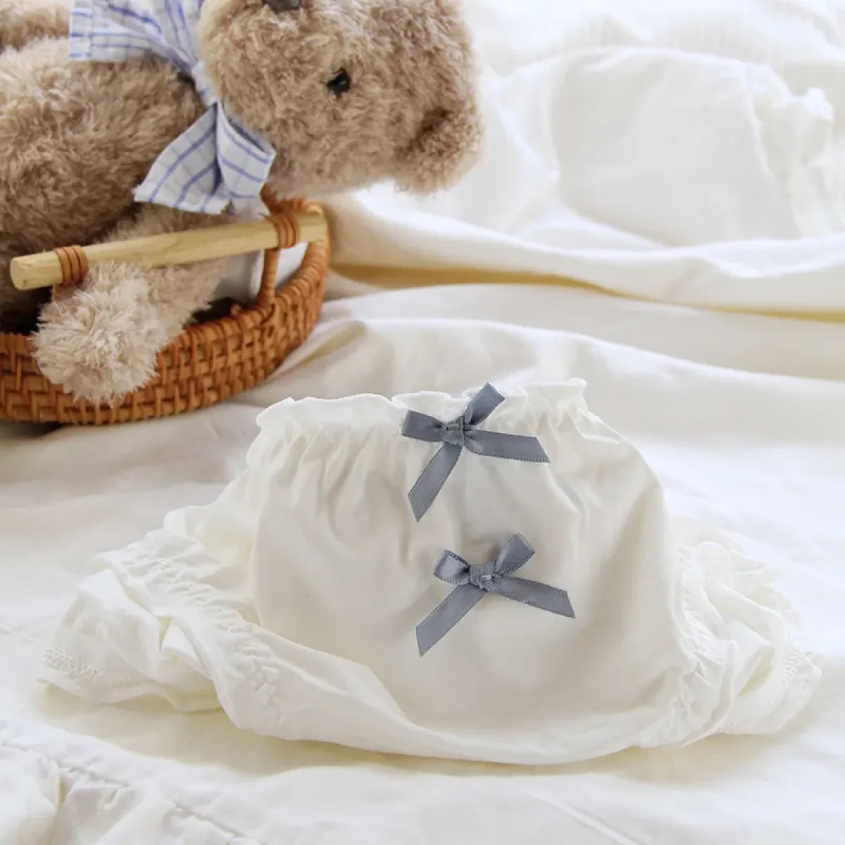 Double Bow Ruffle Panties – Mid-Waist Ice Silk Cotton Briefs