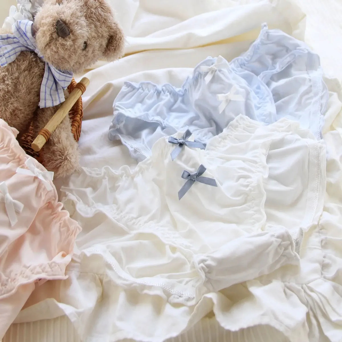 Double Bow Ruffle Panties – Mid-Waist Ice Silk Cotton Briefs