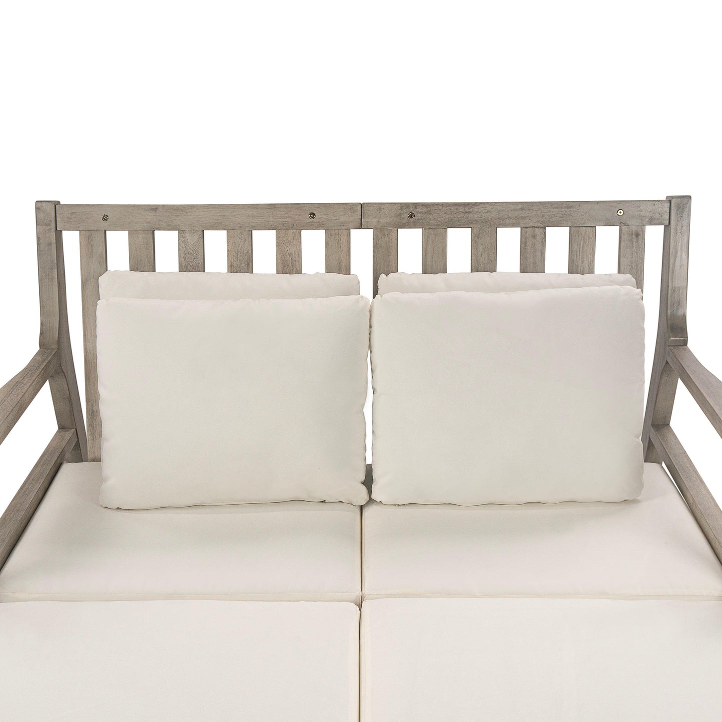 Outdoor Daybed, Patio Daybed with Four Pillows, Wooden Outdoor Bed with Curved Armrests for Poolside, Backyard, Garden