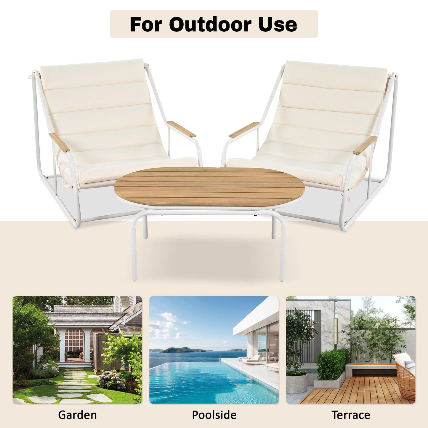 Outdoor Chaise Lounge Chairs Set of 3 with Acacia Side Table, Pool Lounge Chairs for Lawn, Deck, Beach