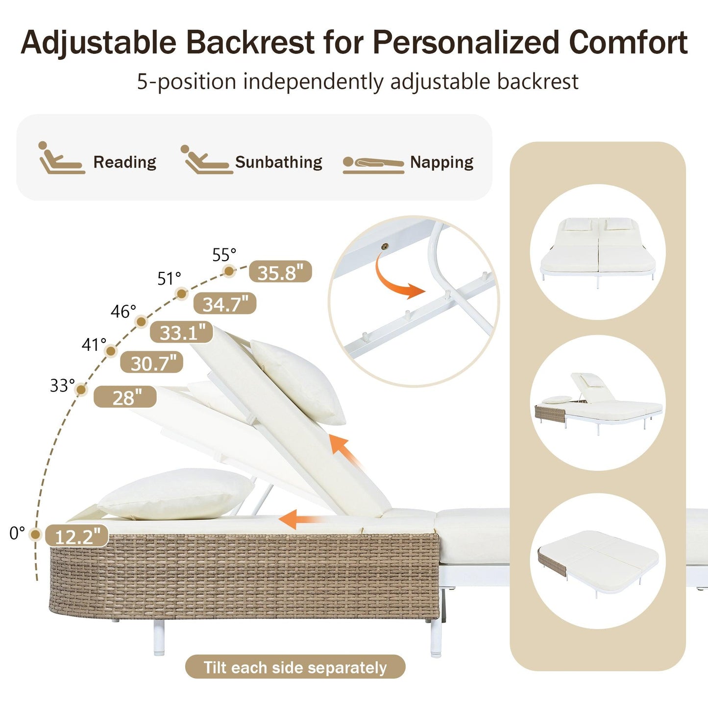 Outdoor Daybed, Patio Rattan Daybed with 5-Position Adjustable Backrest and Removable Cushions & Pillows for Garden, Backyard, Poolside