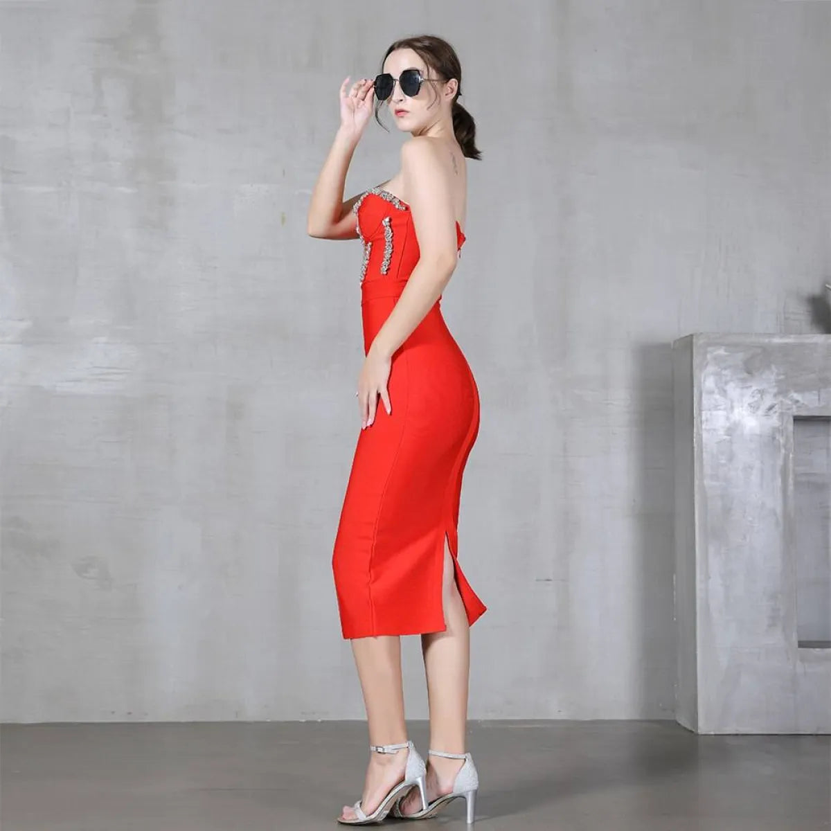 Elegant Beading Party Midi Dress