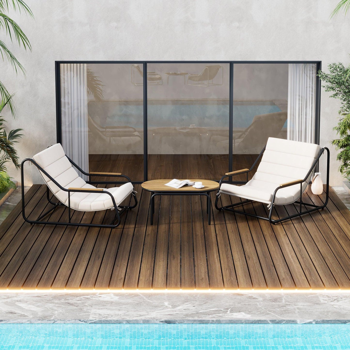 Outdoor Chaise Lounge Chairs Set of 3 with Acacia Side Table, Pool Lounge Chairs for Lawn, Deck, Beach