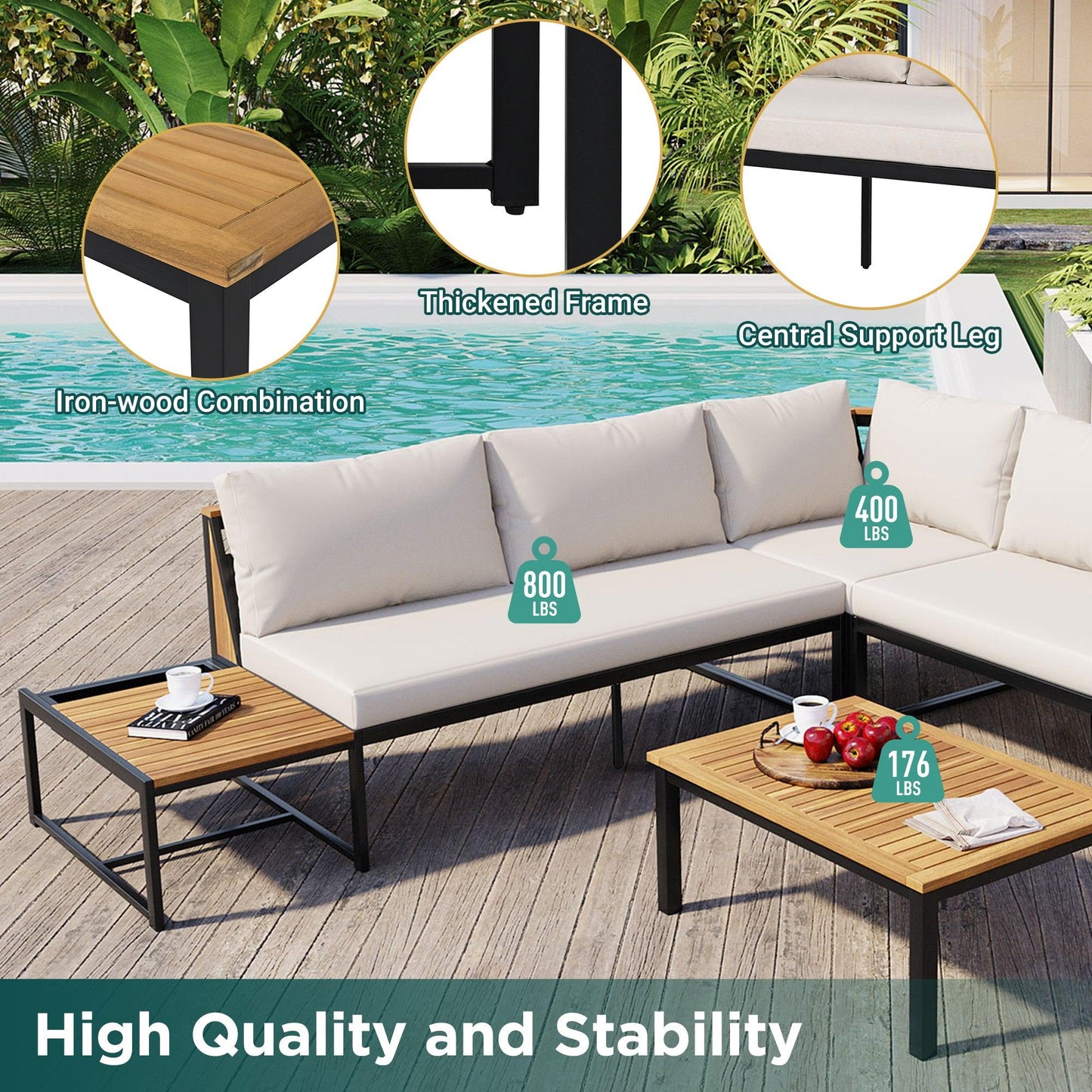 Patio Furniture Set with Loveseats, 4 Pieces Outdoor Sofa Set with Waterproof Cushions, Durable Iron-Wood Design for Garden, Backyard, Poolside