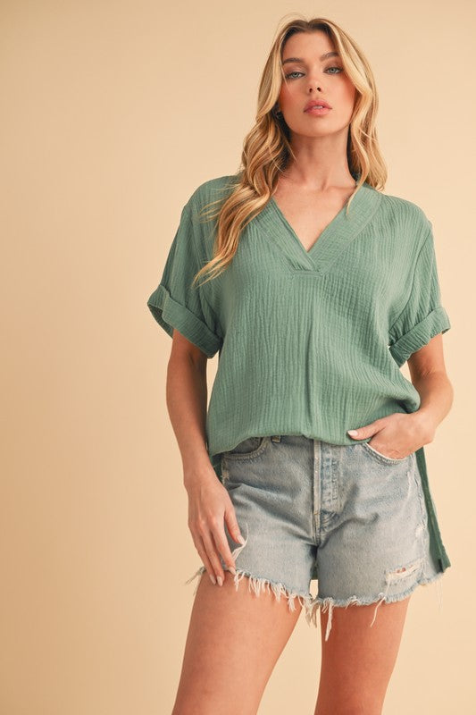 Aemi + Co Side Slit V-Neck Short Sleeve Blouse for Women