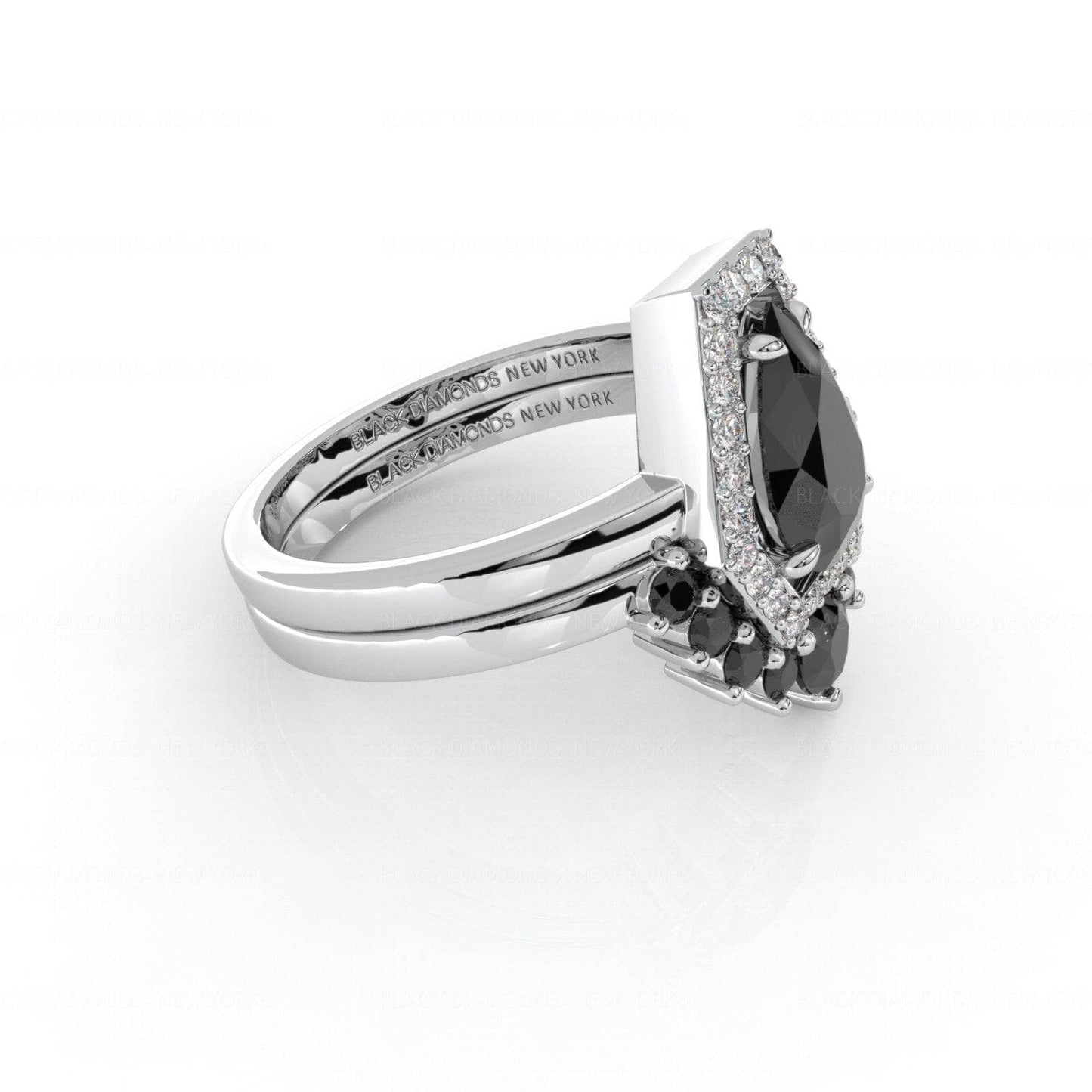 Faithfulness-1ct Black Pear Cut Diamond 14K White Gold Coffin Ring Set