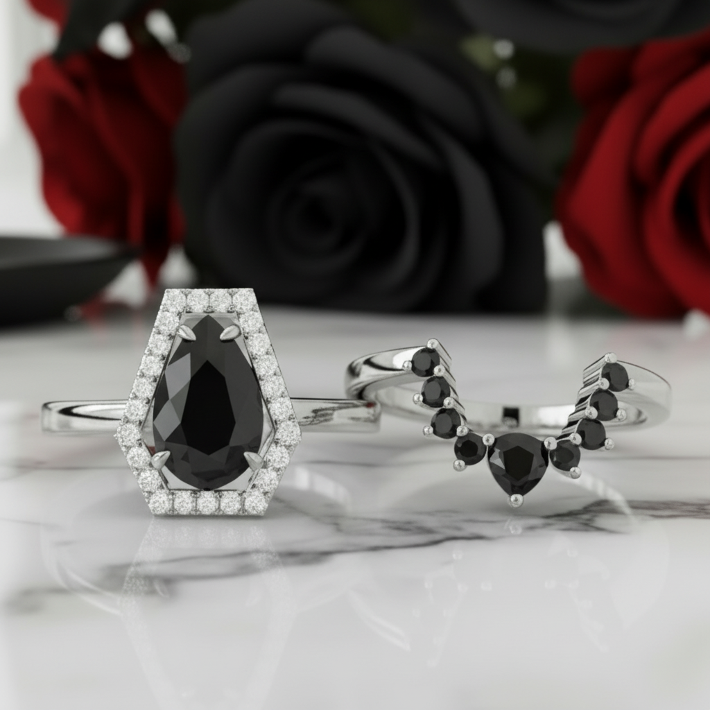 Faithfulness-1ct Black Pear Cut Diamond 14k White Gold Coffin Ring Set