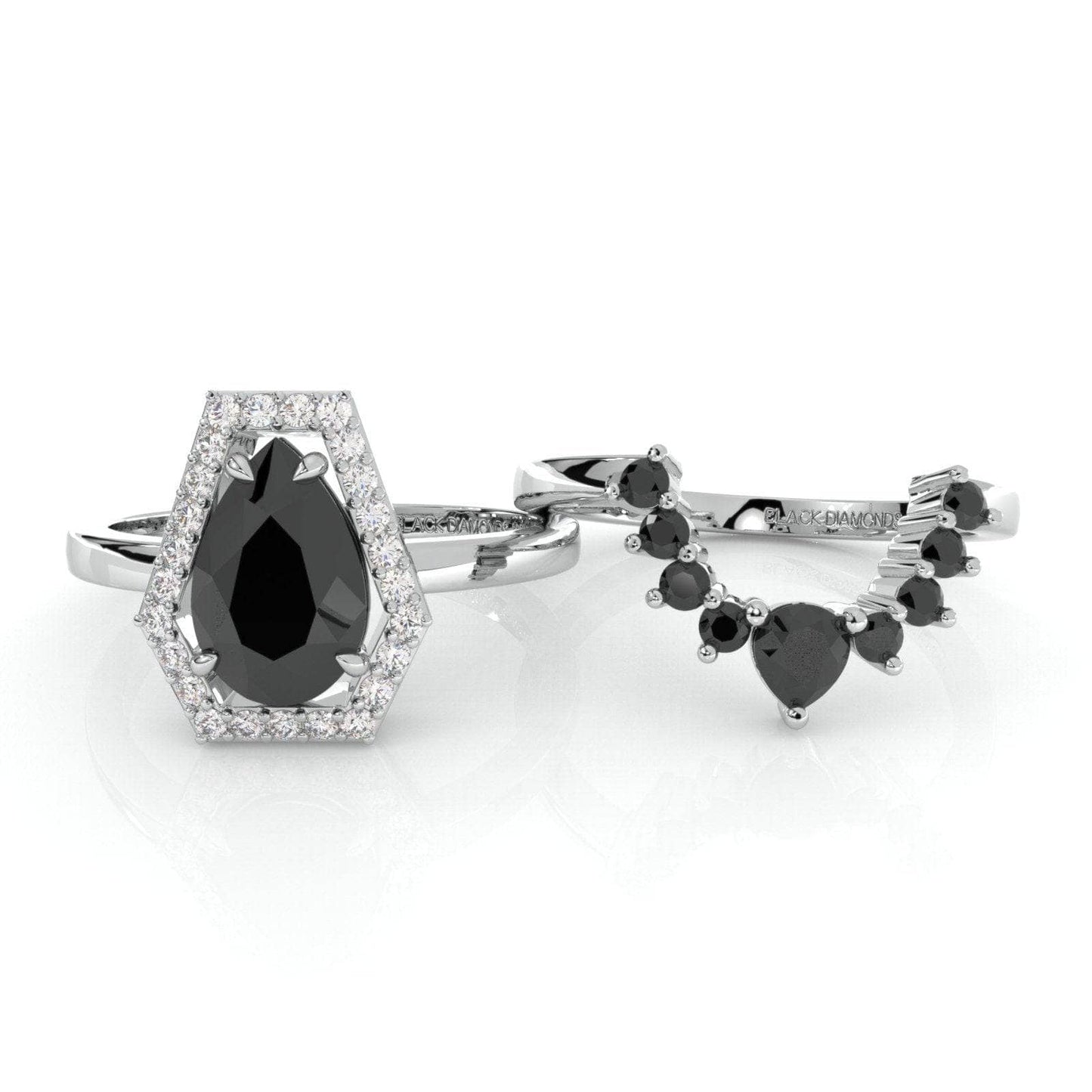 Faithfulness-1ct Black Pear Cut Diamond 14K White Gold Coffin Ring Set