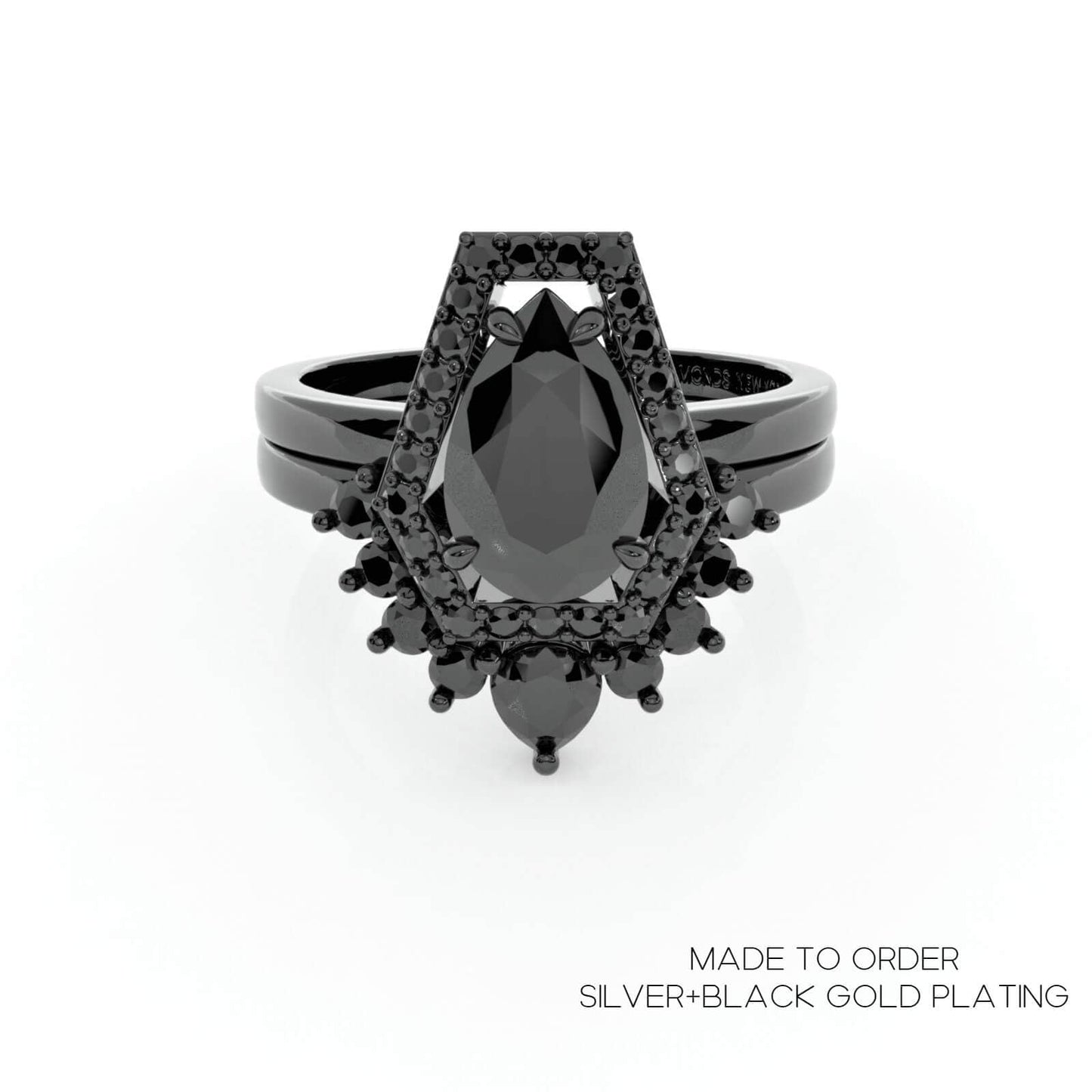 Faithfulness-1ct Black Pear Cut Diamond 14K White Gold Coffin Ring Set