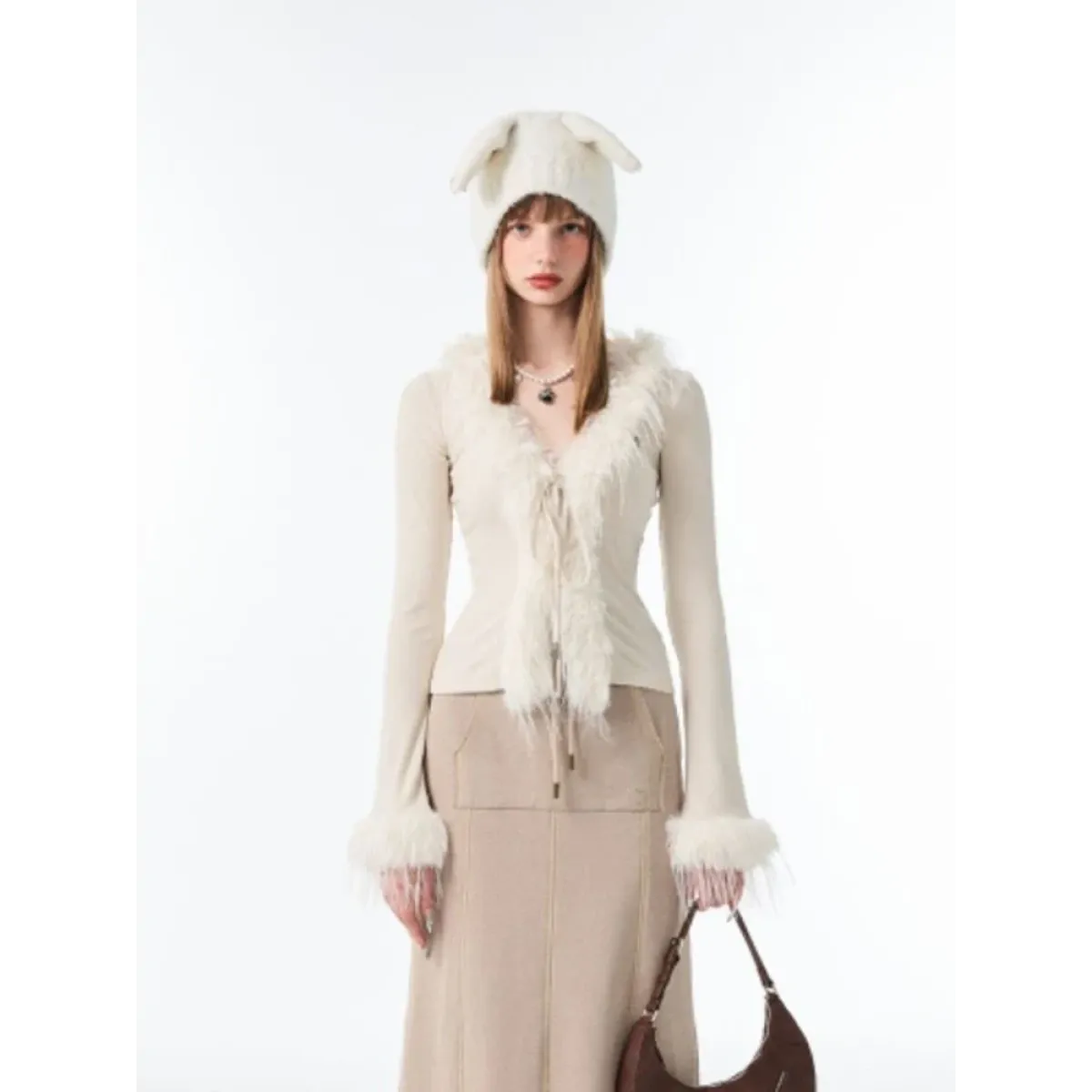 Lace-Up Faux Fur Cardigan – Vintage Slim Fit Long Sleeve Top