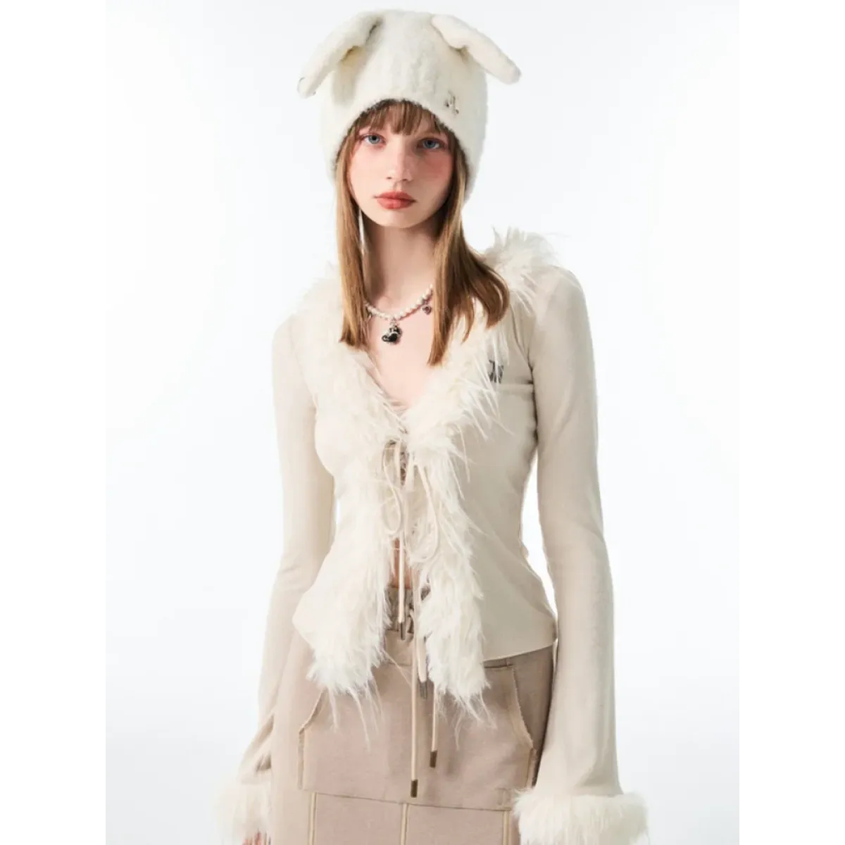 Lace-Up Faux Fur Cardigan – Vintage Slim Fit Long Sleeve Top