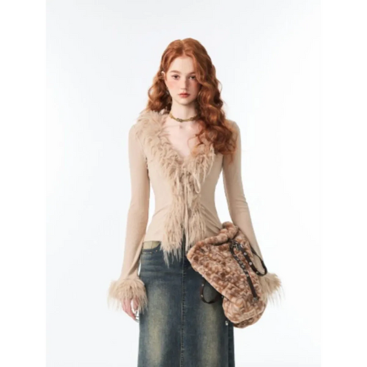 Lace-Up Faux Fur Cardigan – Vintage Slim Fit Long Sleeve Top
