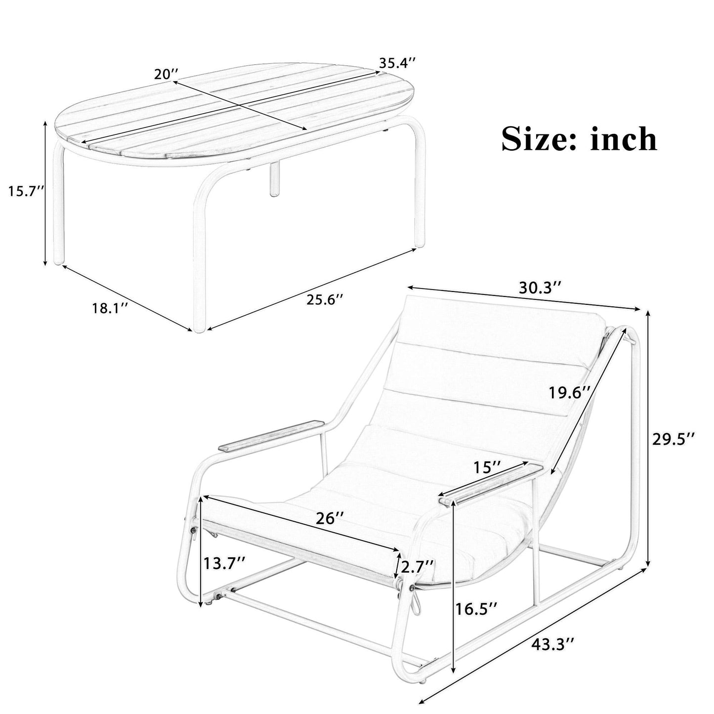 Outdoor Chaise Lounge Chairs Set of 3 with Acacia Side Table, Pool Lounge Chairs for Lawn, Deck, Beach