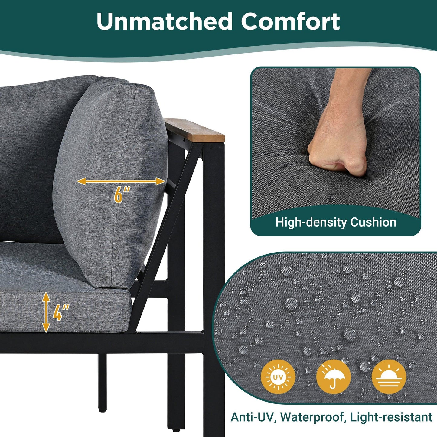 Patio Furniture Set with Loveseats, 4 Pieces Outdoor Sofa Set with Waterproof Cushions, Durable Iron-Wood Design for Garden, Backyard, Poolside