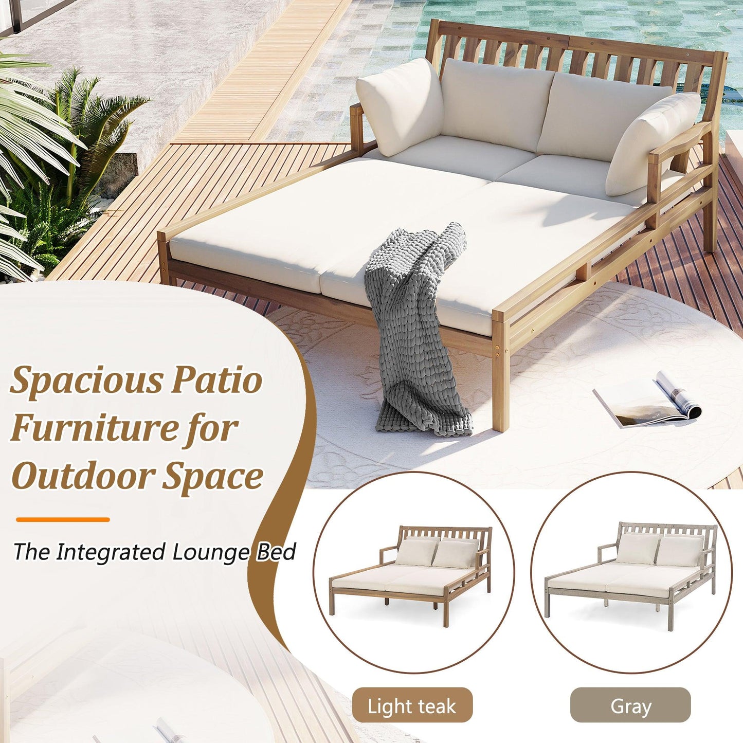 Outdoor Daybed, Patio Daybed with Four Pillows, Wooden Outdoor Bed with Curved Armrests for Poolside, Backyard, Garden
