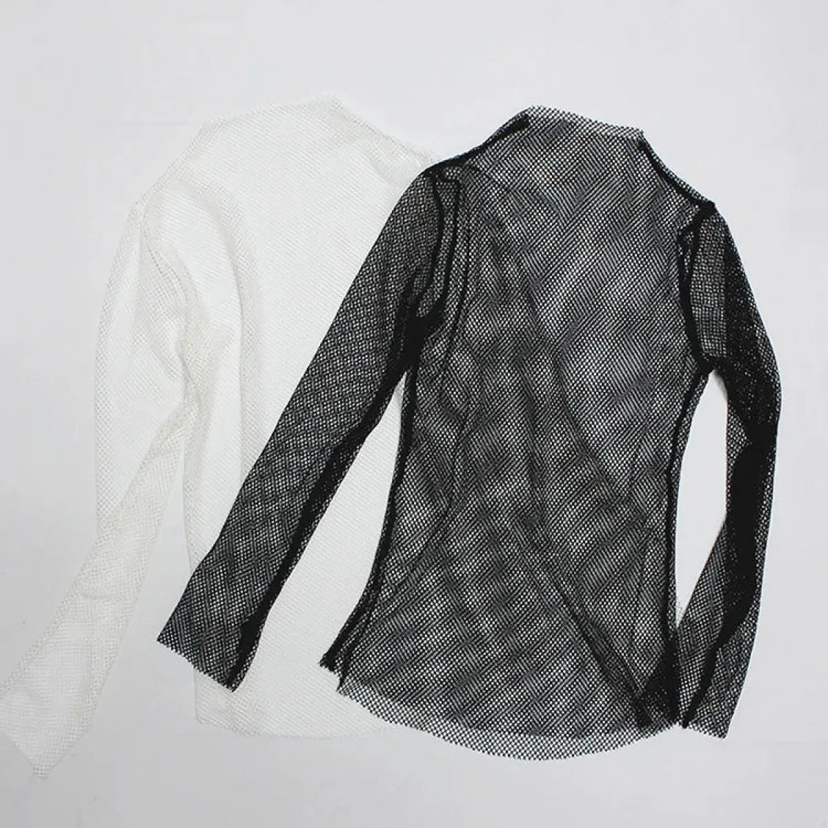 Fishnet Mesh See-through Black Shirt - Sexy Long Sleeve Tee