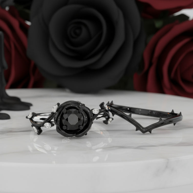 Black Rose- .50ct Round Cut Diamond Modern Goth Engagement Rings