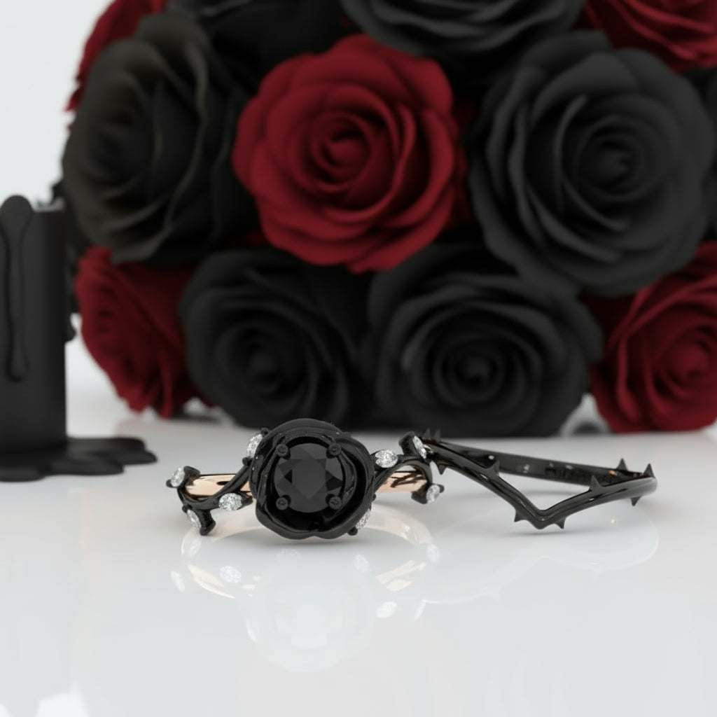 Black Rose- .50ct Round Cut Diamond Modern Goth Engagement Rings