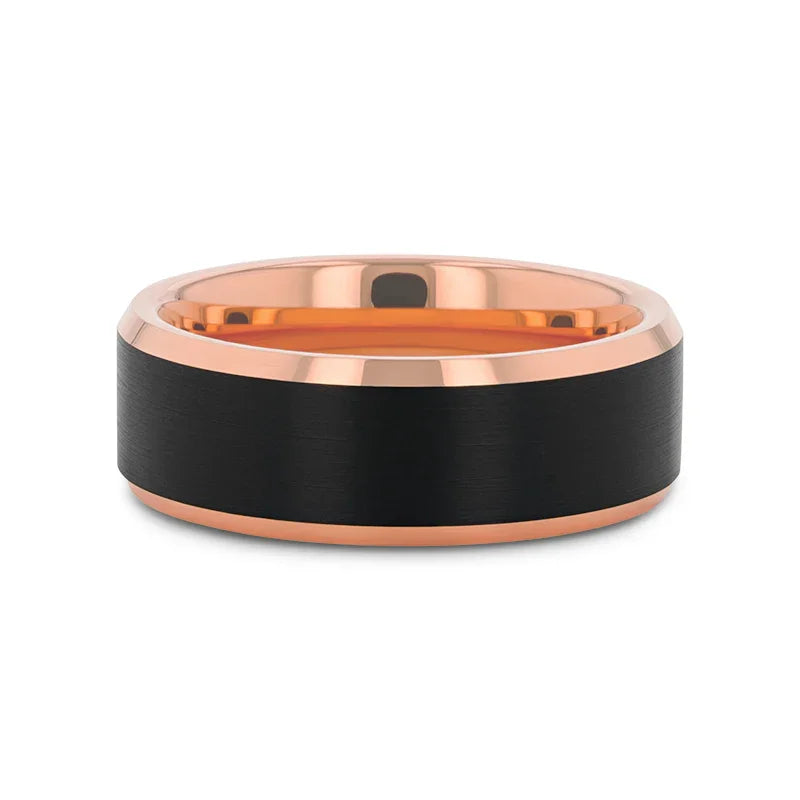 HAYDEN Rose Gold Plated Tungsten Beveled Ring with Brushed Black Center, Comfort Fit (6mm & 8mm)