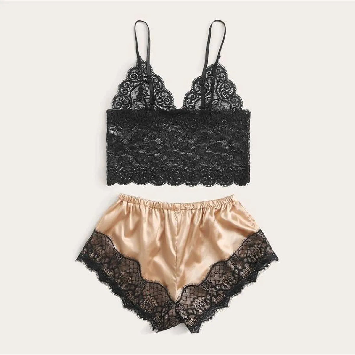 Floral Lace Bralette with Satin Shorts Set for Women