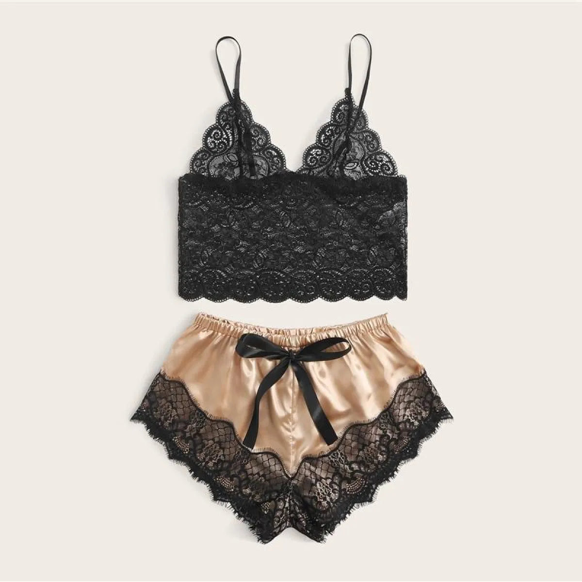 Floral Lace Bralette with Satin Shorts Set for Women