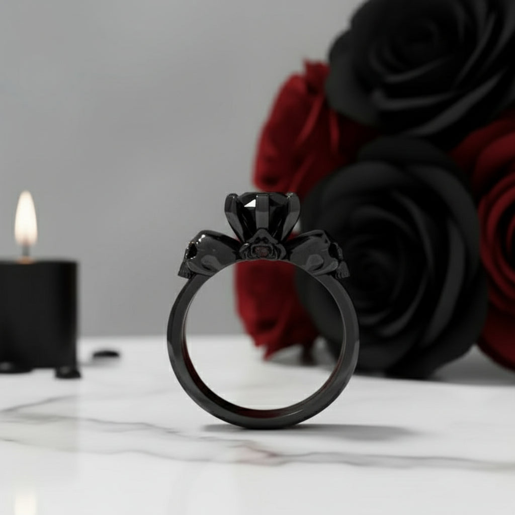 From This Day Forward Wedding Rings - Round Cut Diamond Skull Gothic Wedding Rings in 14k White Gold