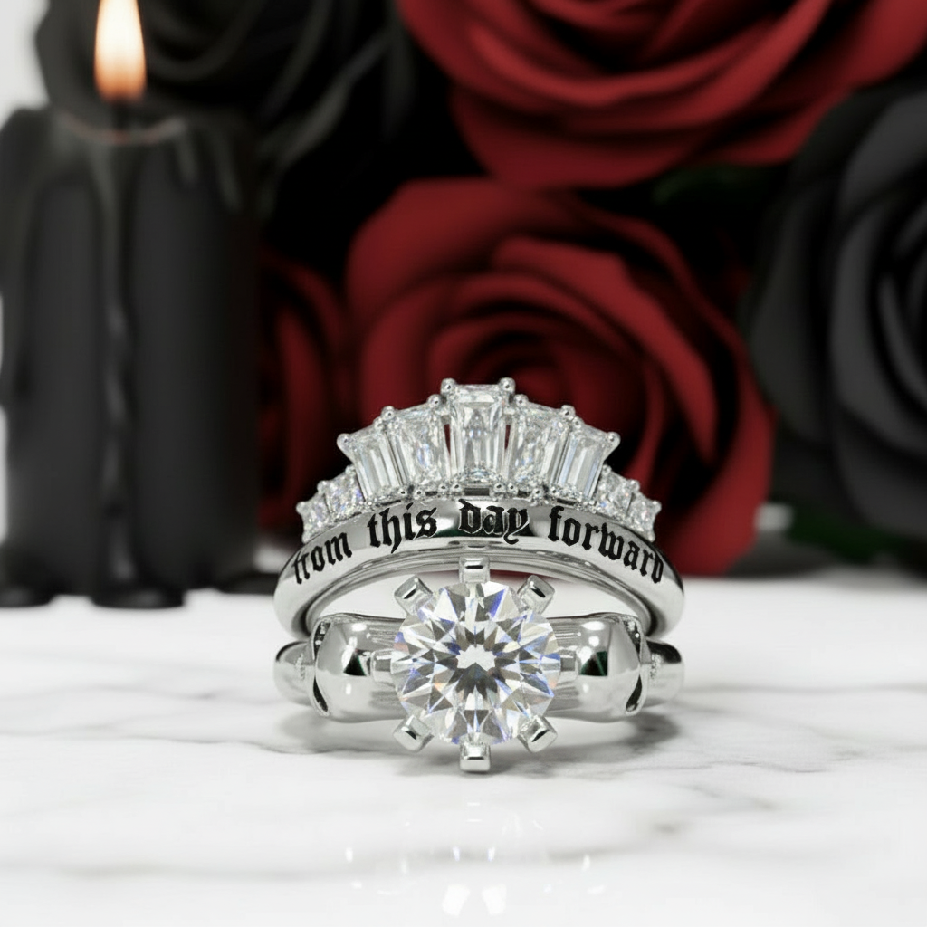 From This Day Forward Wedding Rings - Round Cut Diamond Skull Gothic Wedding Rings in 14k White Gold