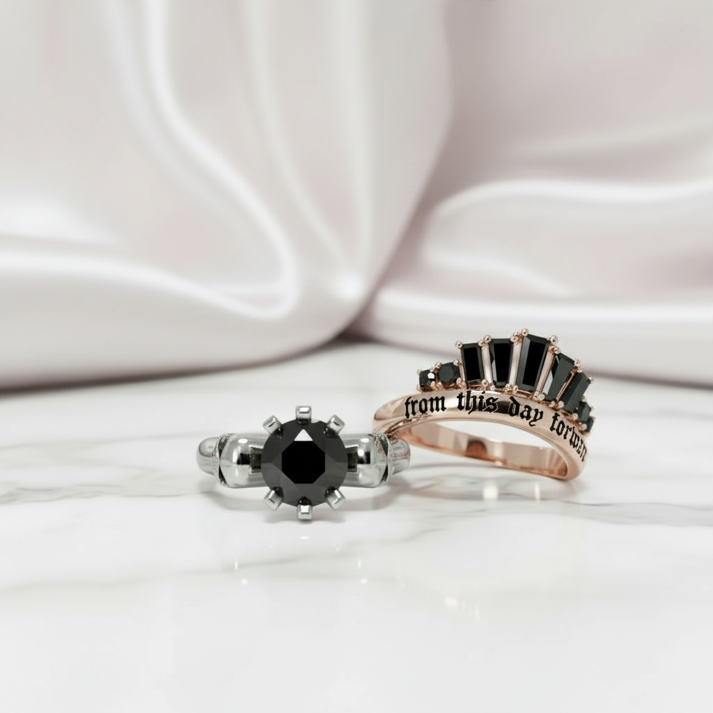 From This Day Forward Wedding Rings - Round Cut Diamond Skull Gothic Wedding Rings in 14k White Gold