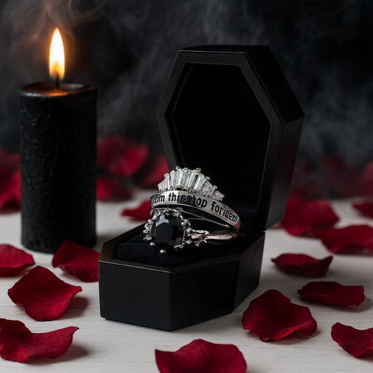 From This Day Forward Wedding Rings - Round Cut Diamond Skull Gothic Wedding Rings in 14k White Gold