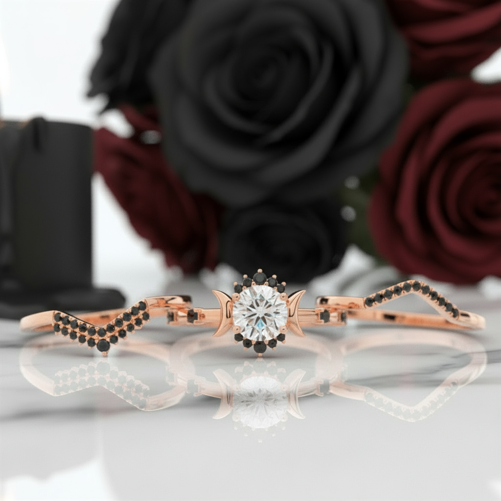 Full Moon- Radiant Celestial Moon Round Created Diamond Gothic Engagement Ring