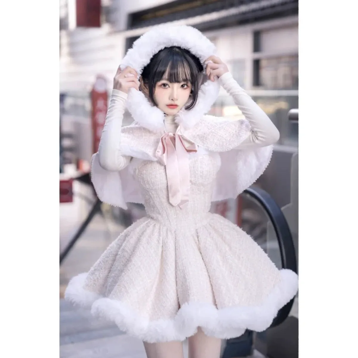 Fur Trim Lolita Dress Set – Kawaii Winter Hooded Cape Outfit