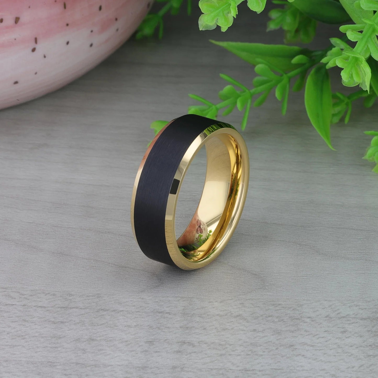 GASTON Gold-Plated Tungsten Beveled Ring with Brushed Black Center – 6mm or 8mm